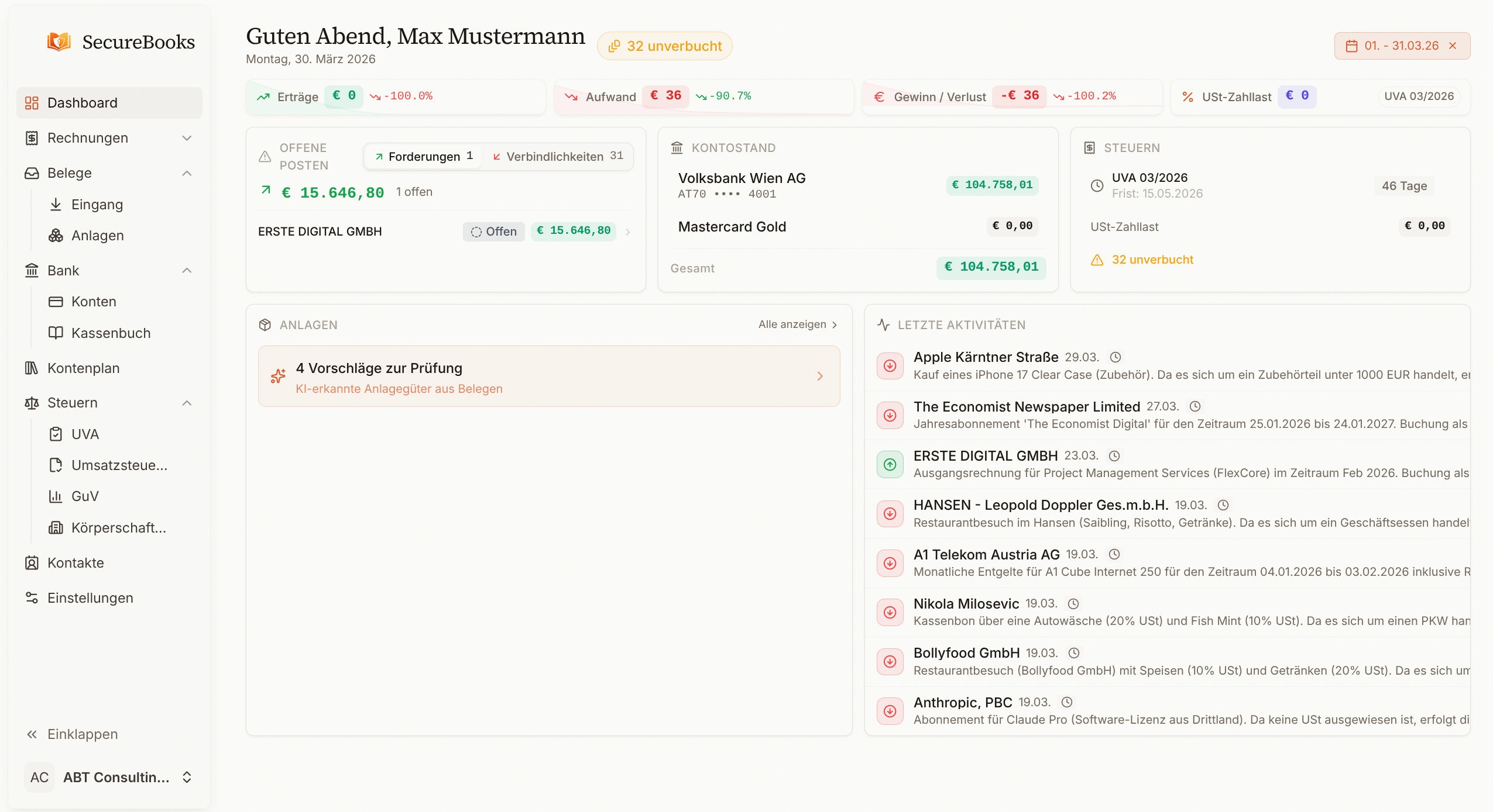 SecureBooks Dashboard — Übersicht mit Einnahmen, Ausgaben und Belegstatus